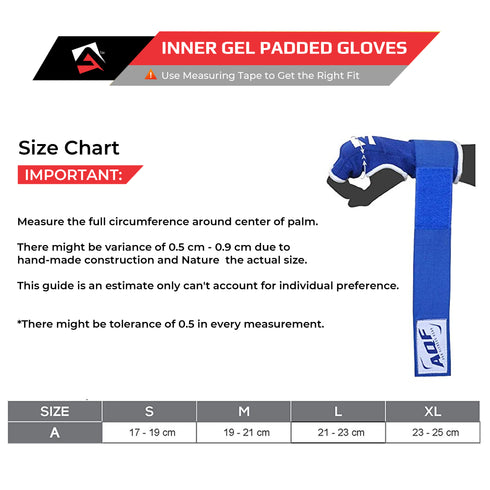 Size chart of AQF Gel Inner Gloves with Wrist Strap