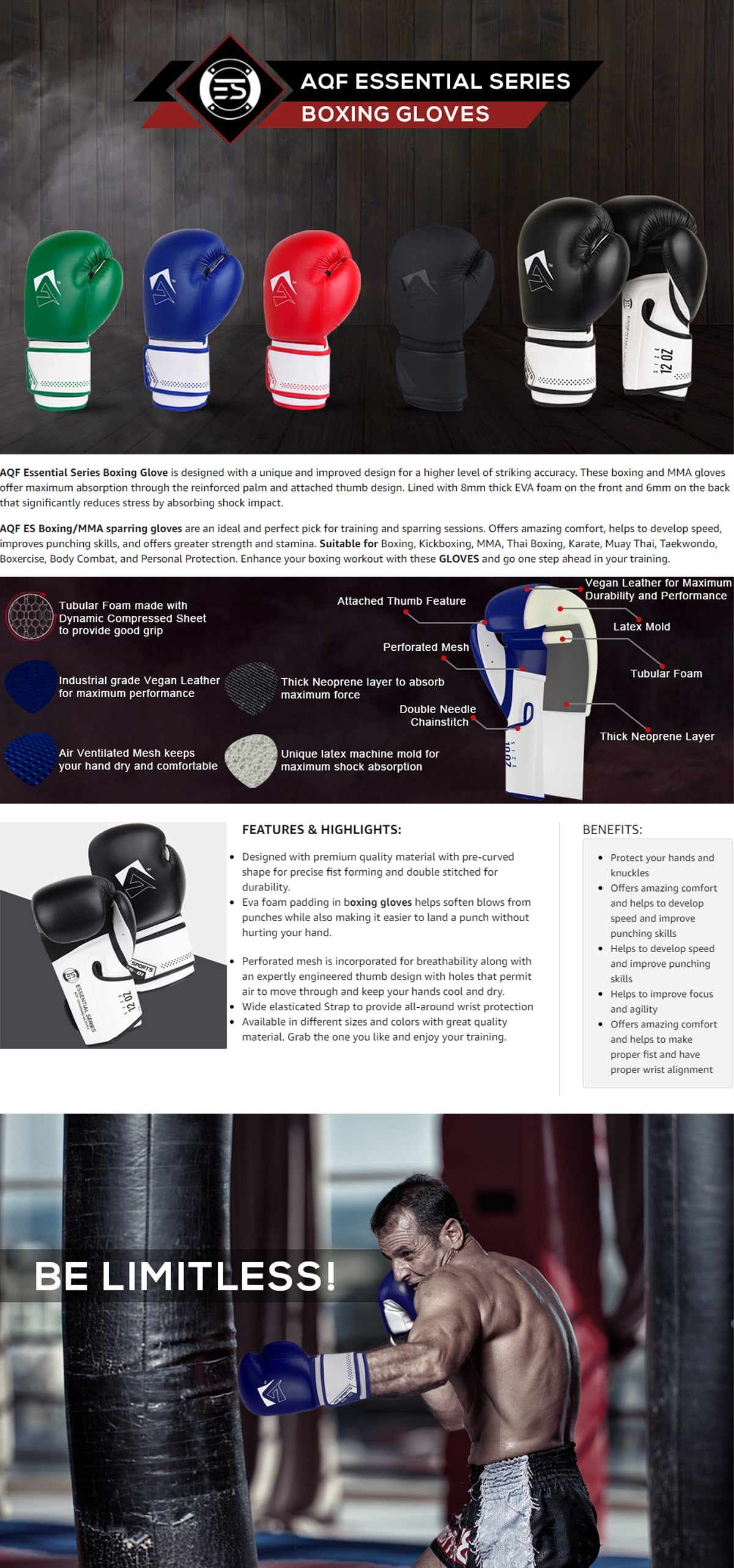 Features and Highlights of AQF Boxing Training Gloves - Essential Series