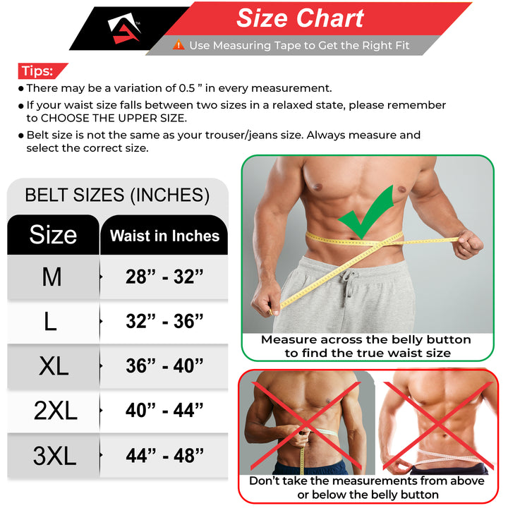 Size chart of AQF Weight Lifting Nubuck Leather Power Belt