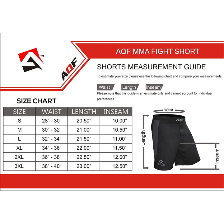 Size Chart of AQF Combat MMA Shorts 4-Way Stretch - AQF Sports