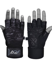 AQF Black Gym Gloves with Wrist Strap 