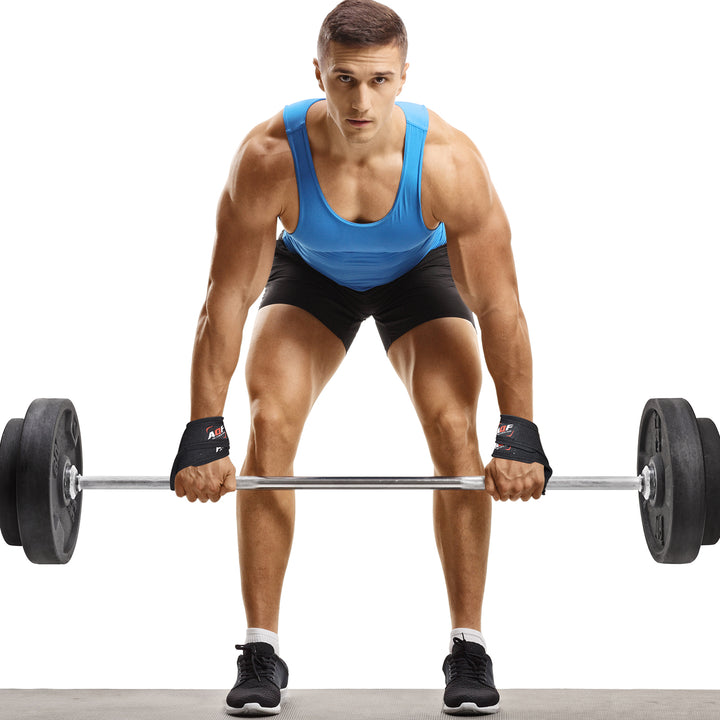 Man holding a barbell while wearing Figure 8 Wrist Straps - AQF Sports
