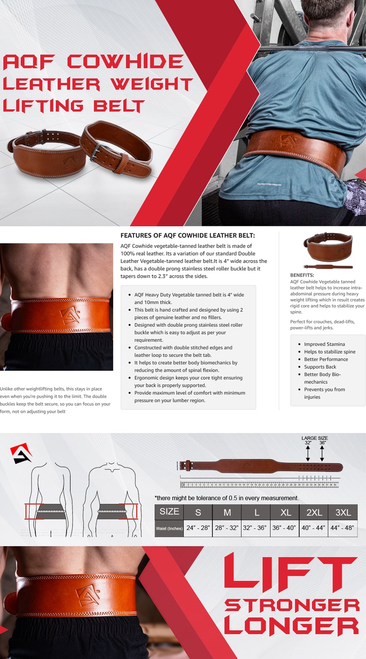 Size and Features of AQF COWHIDE leather belt