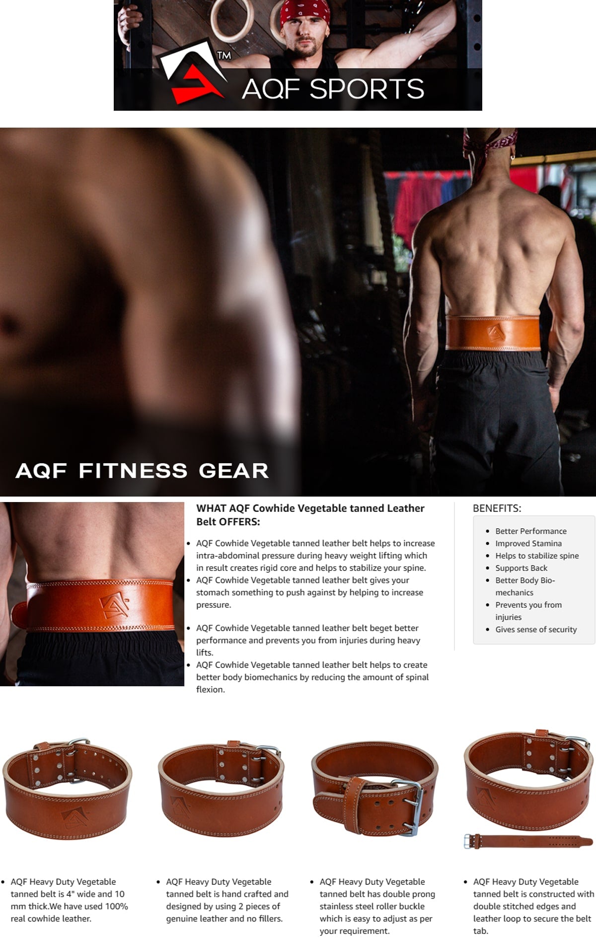 AQF Sports cowhide vegetable-tanned leather weightlifting belt