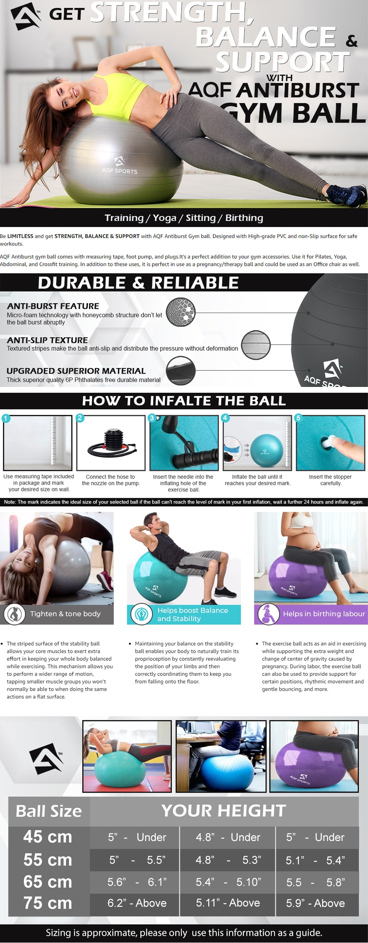 AQF Inflatable Exercise Gym Ball with foot Pump - AQF Sports