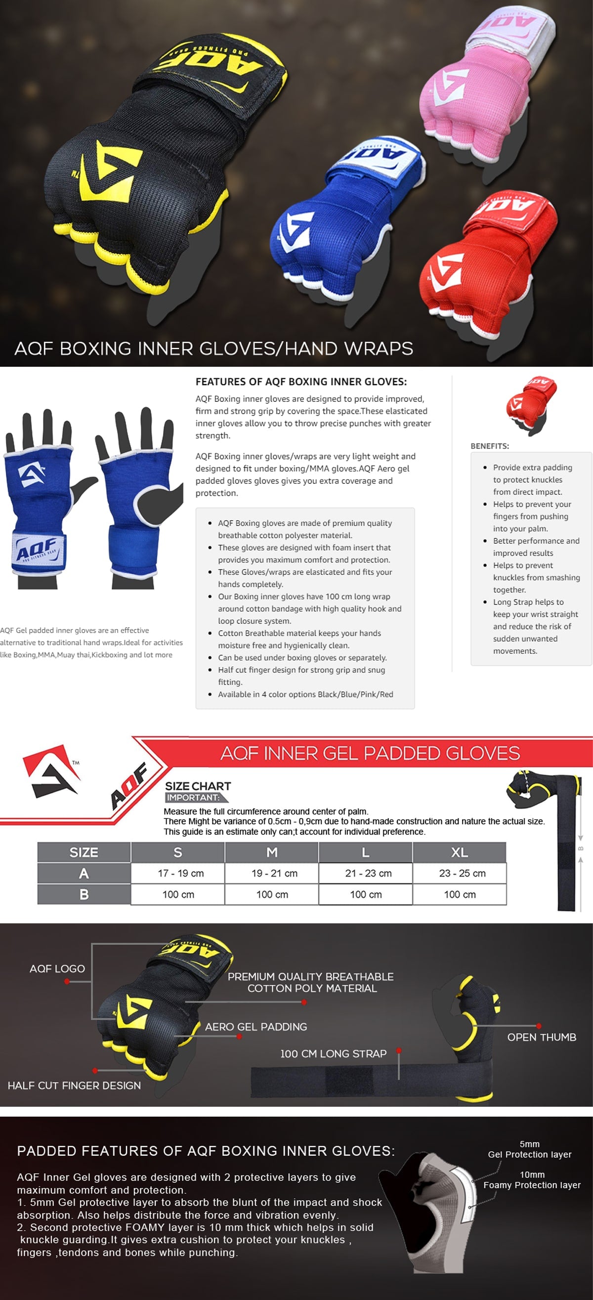 AQF Gel Inner Gloves with Wrist Strap 100cm - AQF Sports