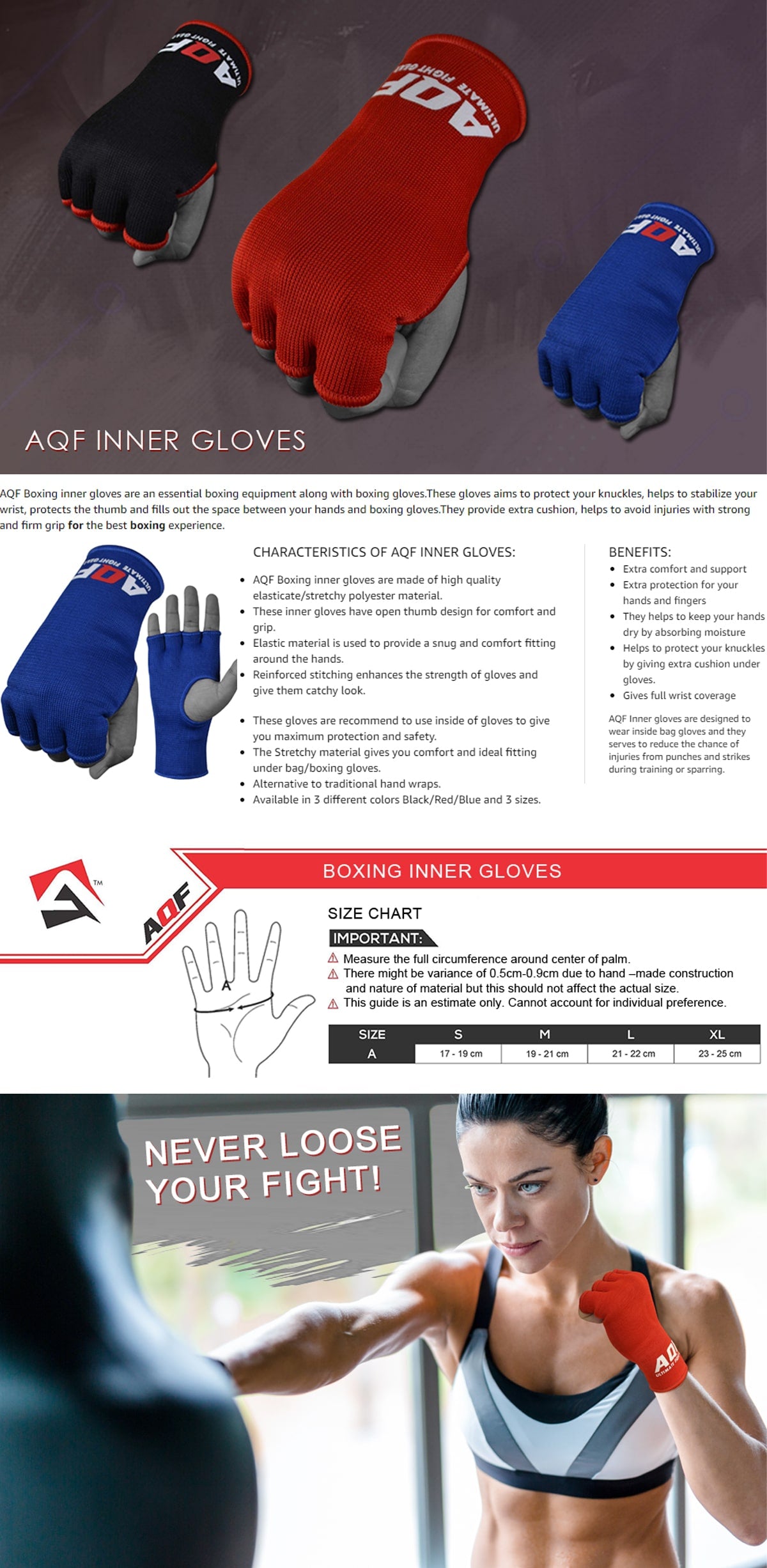 AQF Inner Gloves Hand Wraps Elasticated - AQF Sports