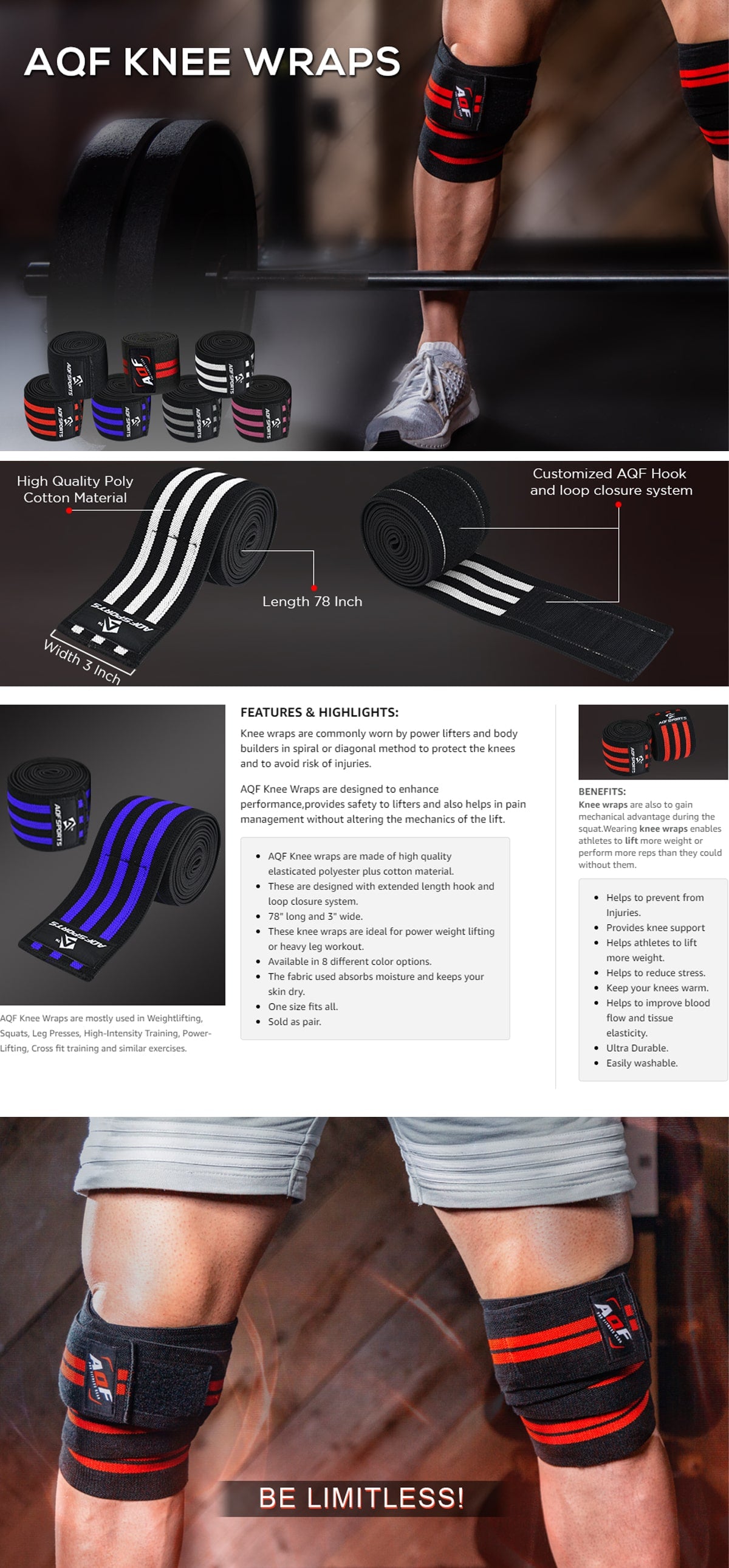 AQF 79 Inch Elasticated Knee Wraps Bandage Compression - AQF Sports