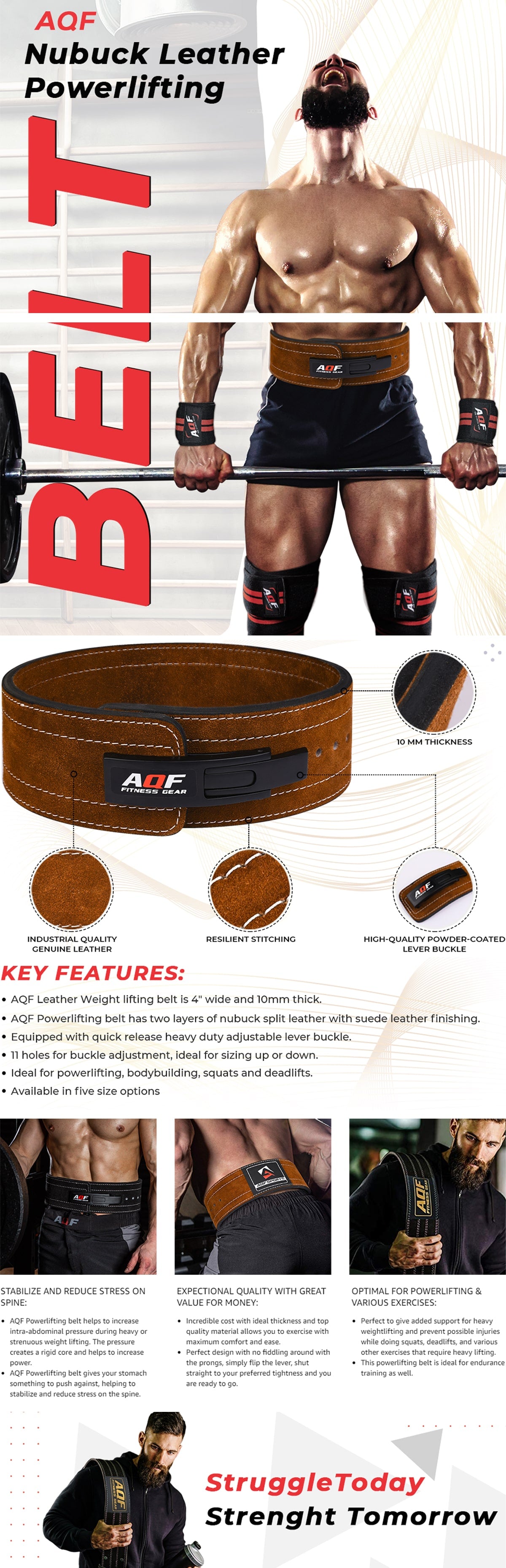 AQF Lever Buckle Leather Powerlifting Belt 10mm - AQF Sports