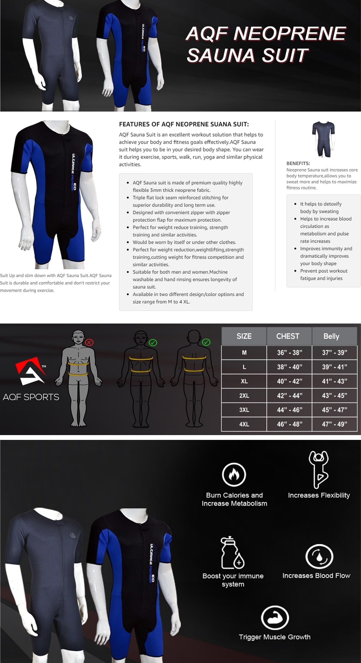 Features of AQF Neoprene Sweat Sauna Suit Black & Blue - AQF Sports
