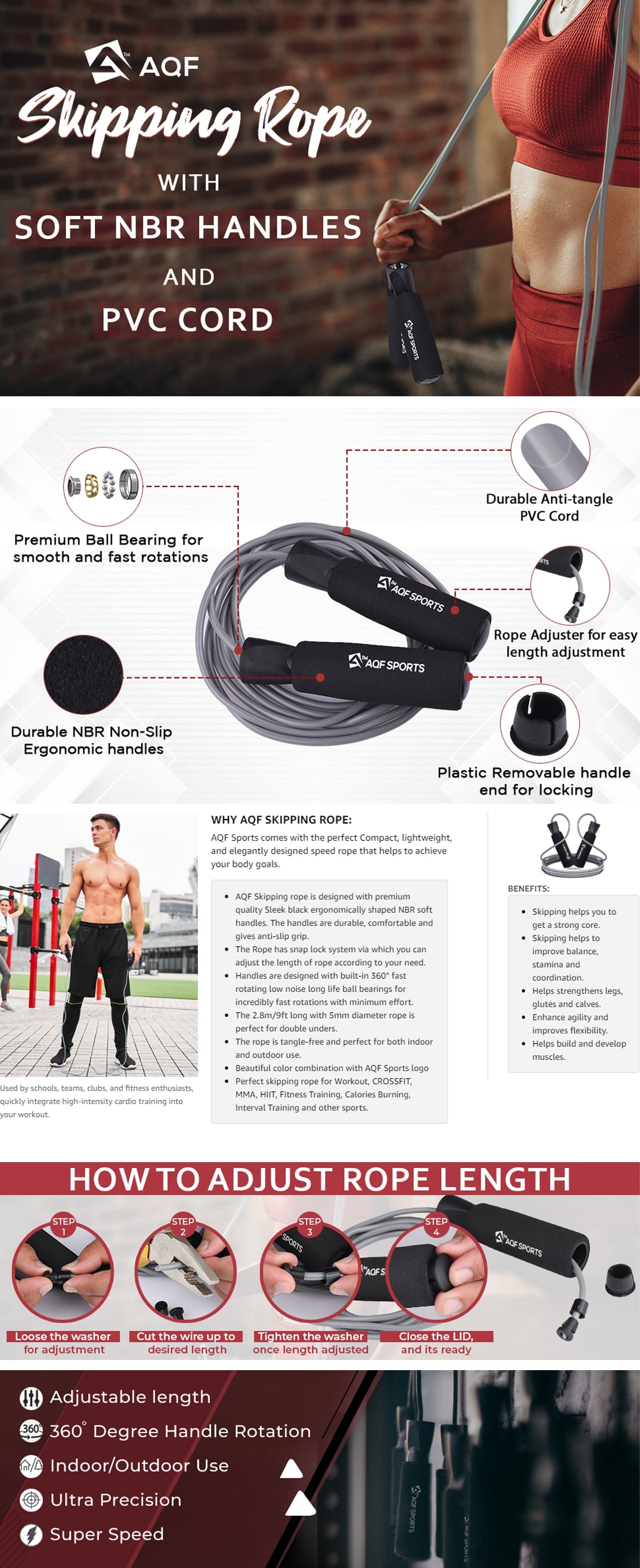 AQF Skipping Rope with Soft NBR Handles and PVC Cord