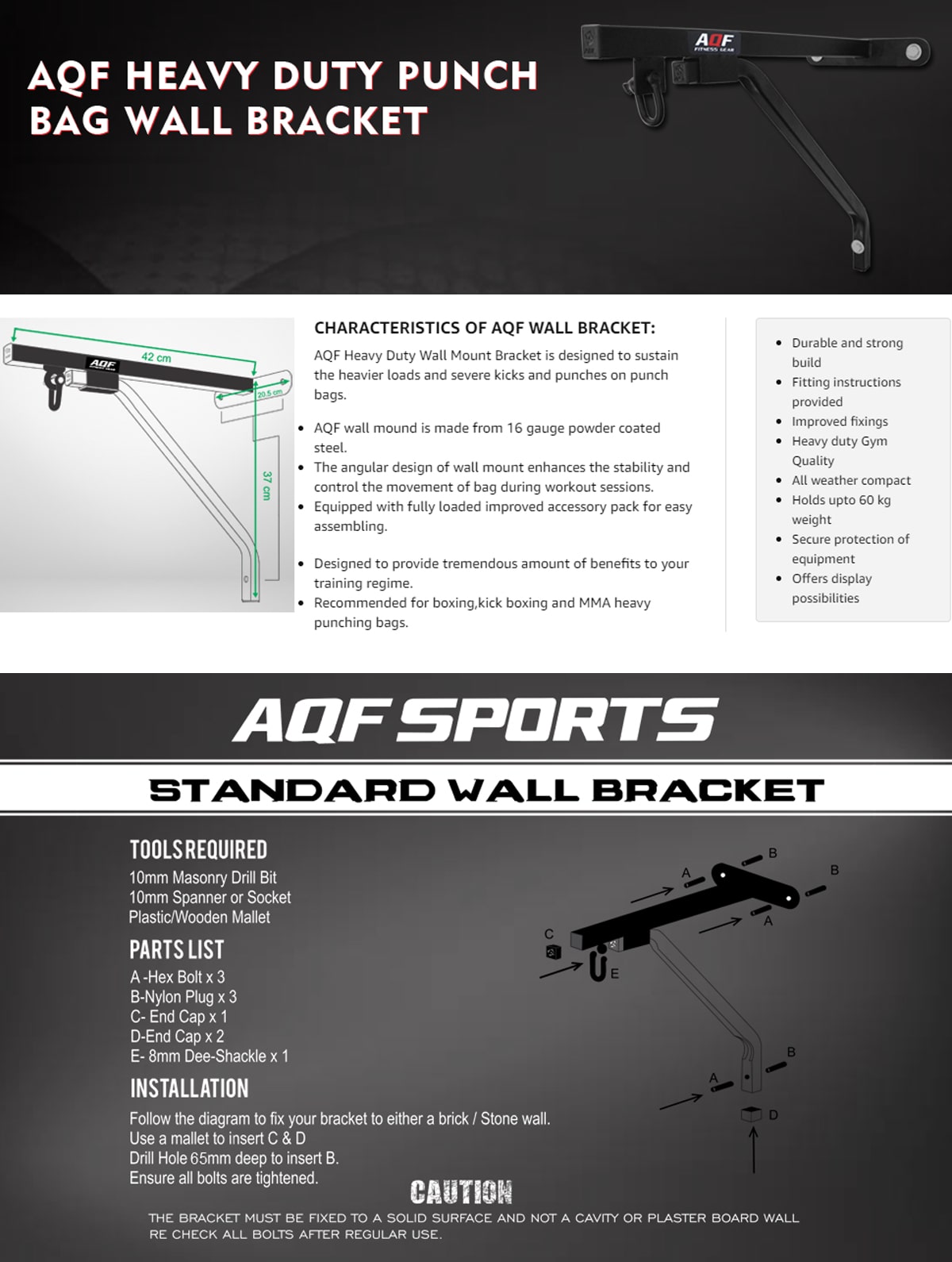 AQF Punch Bag Steel Wall Bracket - AQF Sports